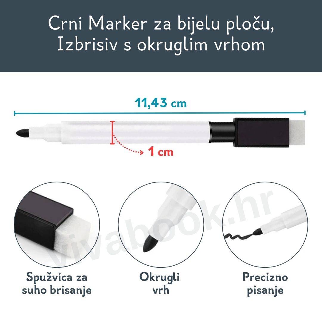 Marker za bijelu ploču, izbrisiv, 1 kom, s okruglim vrhom, crni