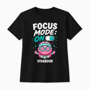 Majica s natpisom „Focus Mode ON”, Dječja, Crna, Pamučna, s autorskim dizajnom Vivabook